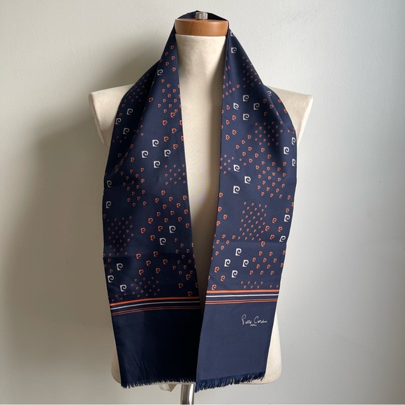 NOS Vintage Pierre Cardin Paris Navy Blue Orange Logo Print Long Scarf 6 x 54 - Picture 1 of 5